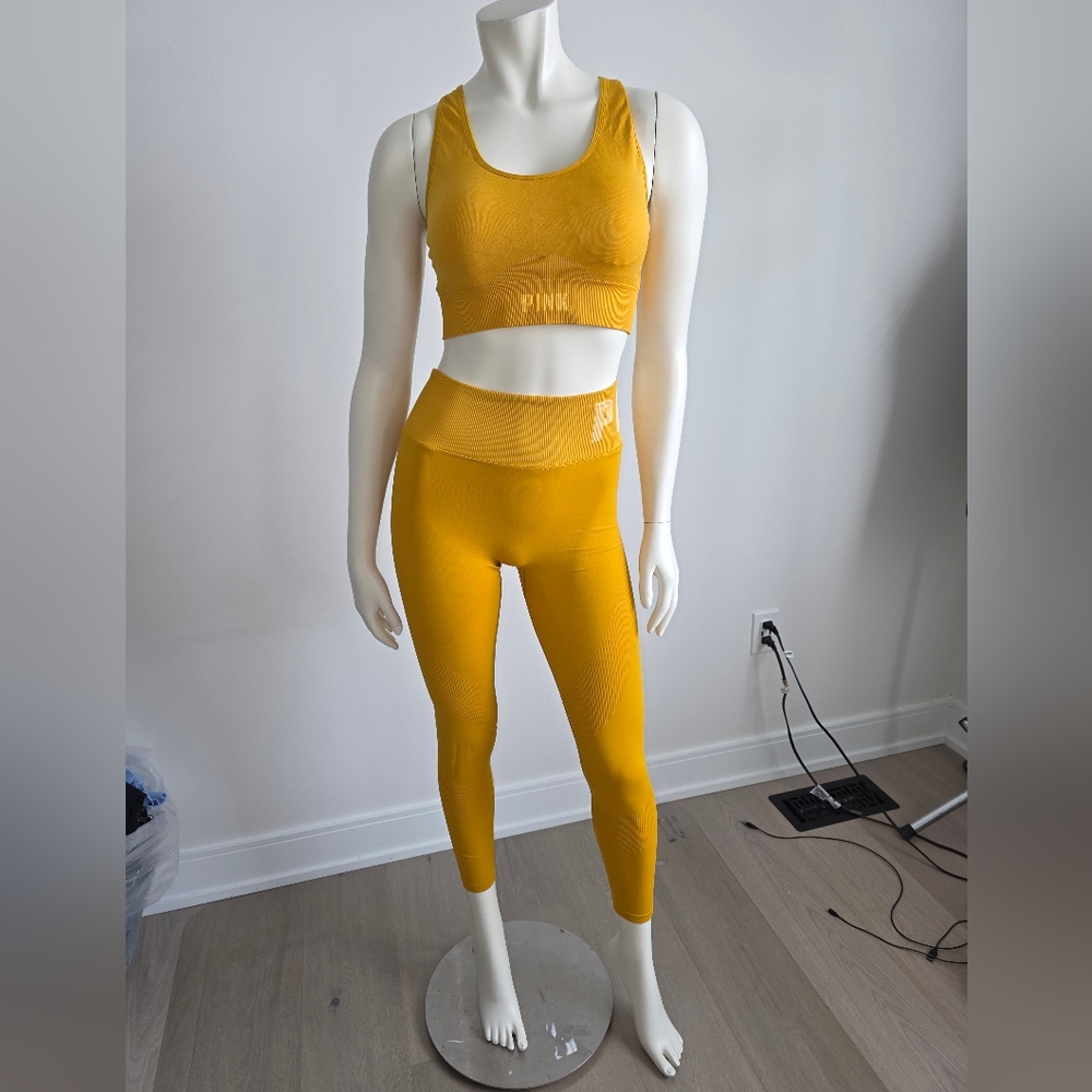 PINK Victoria's Secret Mustard Yellow Leggings and Sports Bra Coord Set S